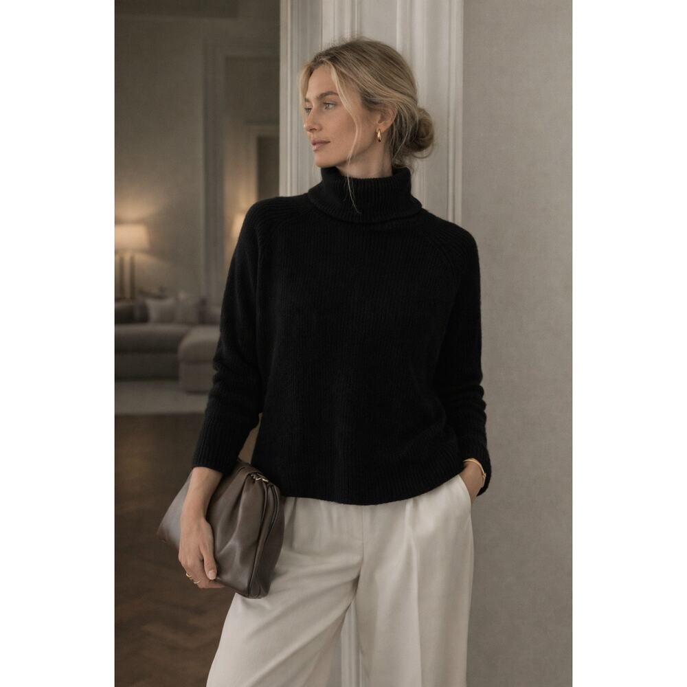 Quince Black Turtleneck Sweater XL 90s Minimalist Soft Knit Cropped Cozy